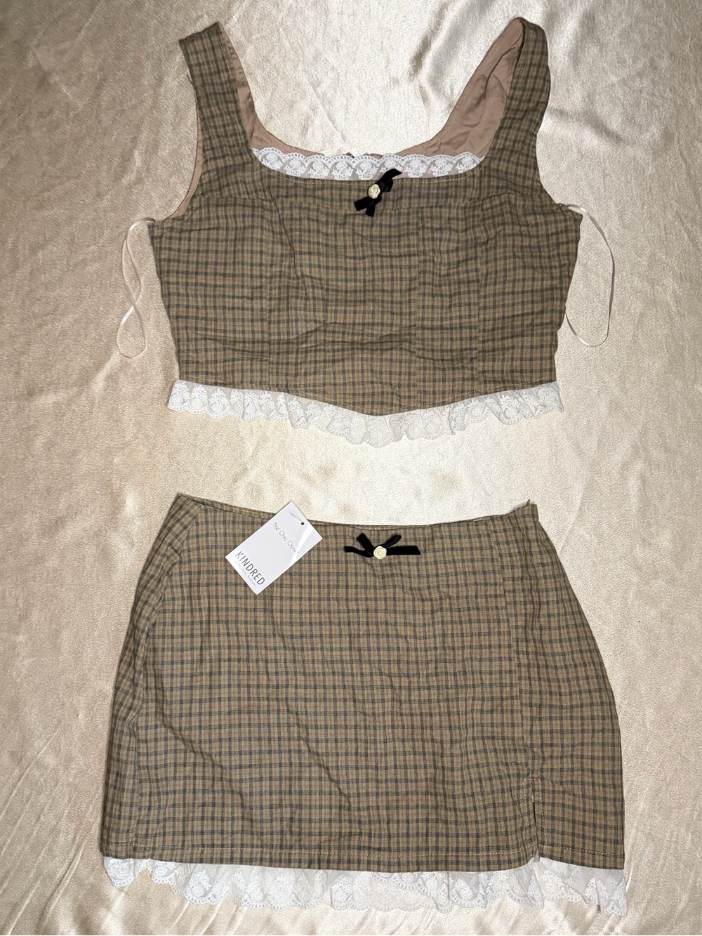 Bailey Rose Mocha Plaid Lace Trim Two-Piece Crop Top and Mini Skirt Large NWT